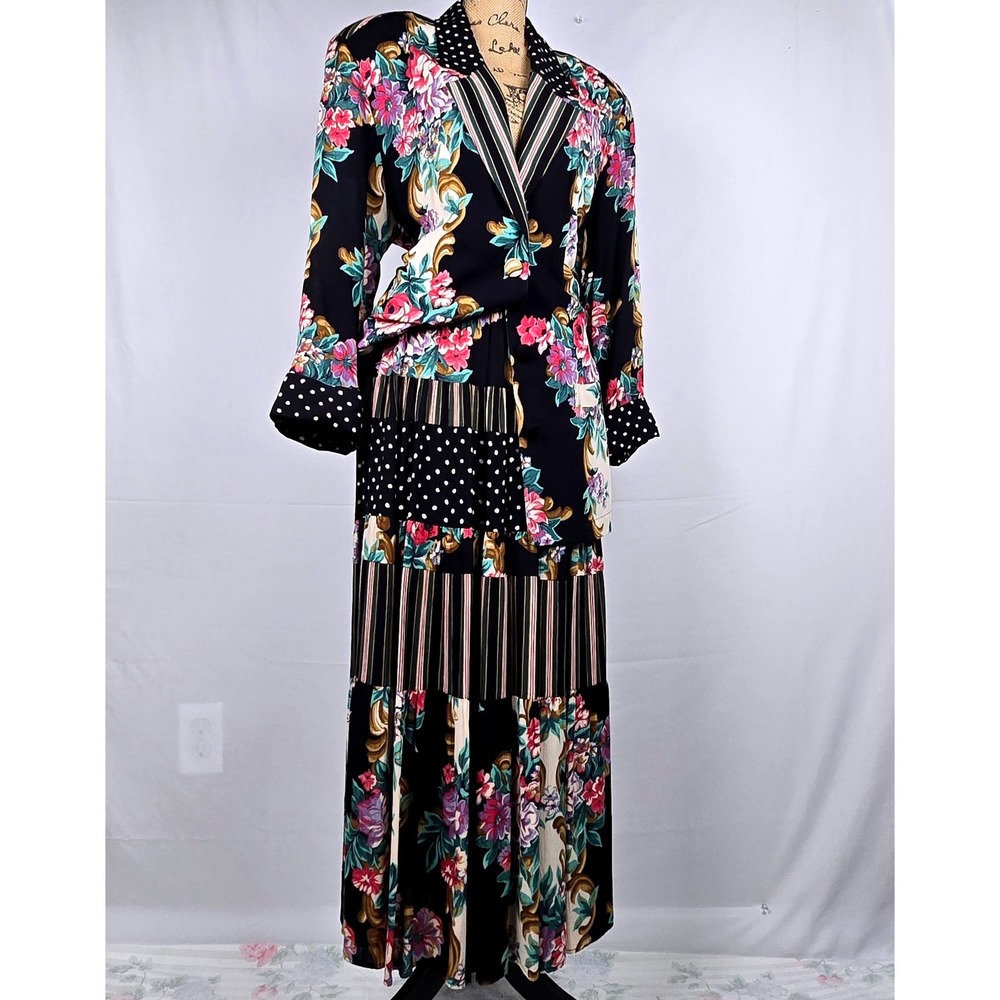Gorgeous Vintage Carole Little Floral Mixed Print Set Blazer 10 Maxi Skirt 8 - Picture 4 of 16